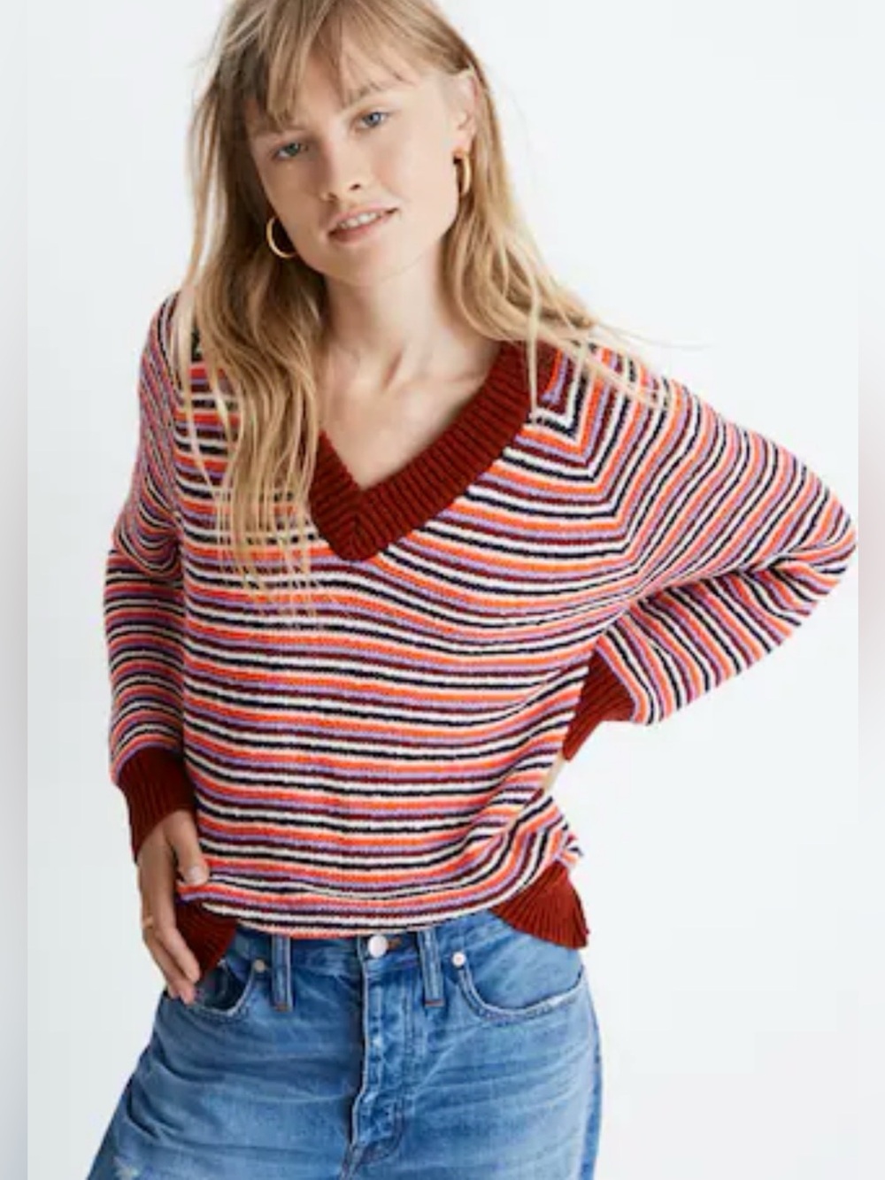 Madewell “Arden” Cotton V-Neck Striped Pullover